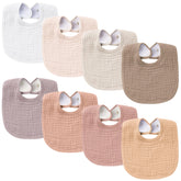 Konssy muslin baby bibs flat lay eight-pack for quick drool cleanup.