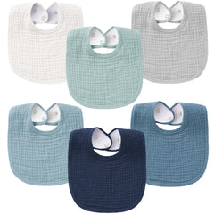 Konssy muslin baby bibs pack of 6 with solid patterns for gentle drool absorption.