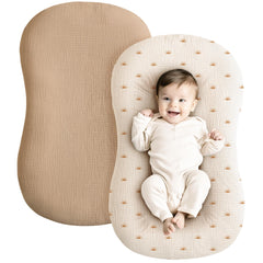 Konssy muslin baby lounger cover 2-pack in camel-sun for breathable softness.