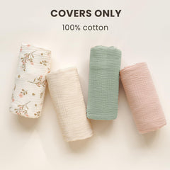 Konssy muslin baby lounger cover closeup, soft fabric texture ideal for sensitive skin.