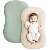 Konssy muslin baby lounger cover green-wheat, pack shot showing breathable, soft fabric.