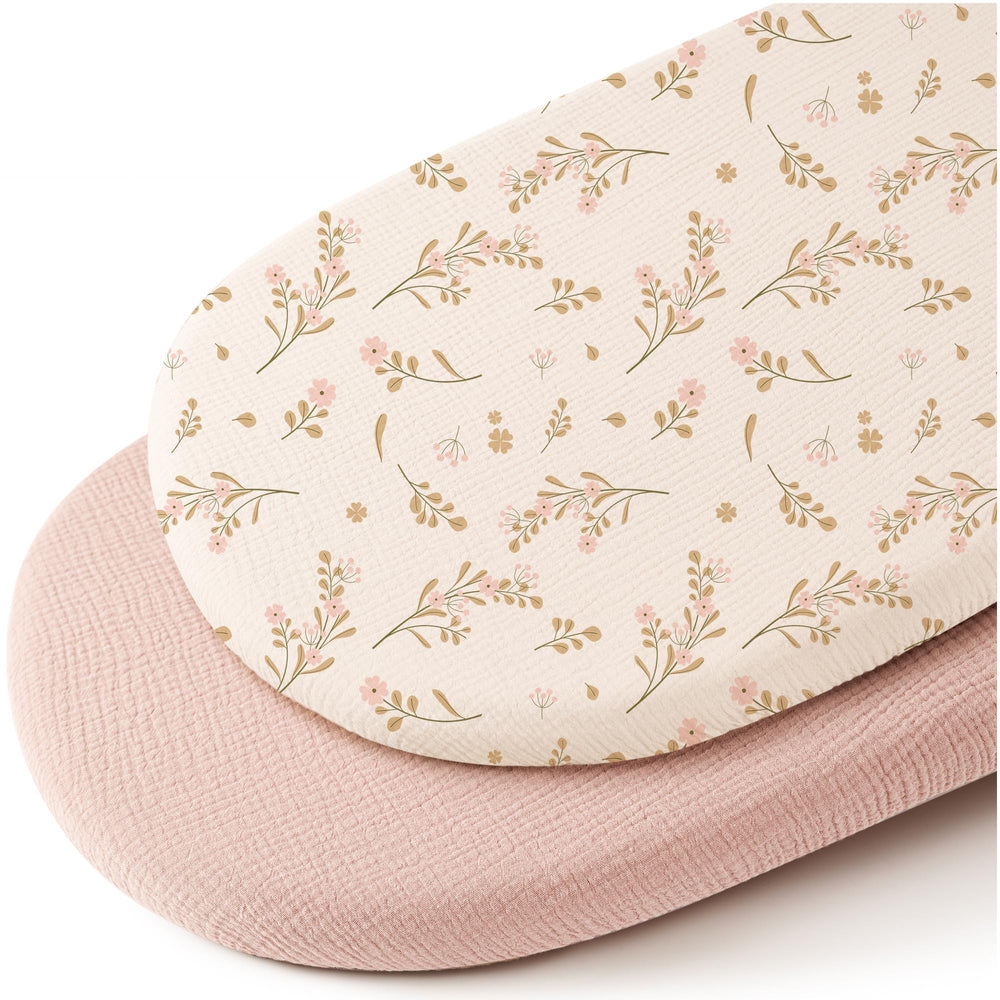 Konssy muslin bassinet sheets 2-pack, floral pink, soft breathable fabric for baby comfort