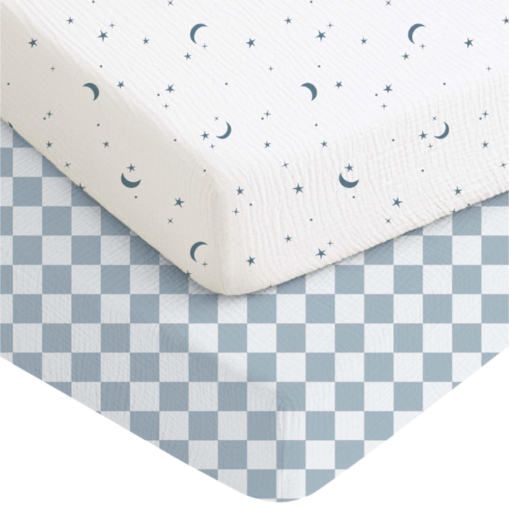 Konssy Dreamfield Sky muslin crib sheets two-pack for a soft, breathable sleep surface