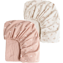 Konssy muslin crib sheets Pink Sun print offering breathable comfort for baby’s crib