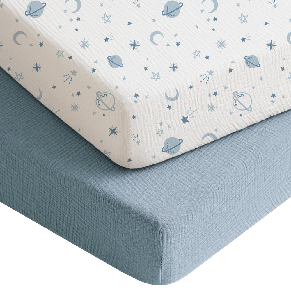 Konssy muslin crib sheets star blue pattern for breathable baby sleep