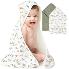 Konssy muslin hooded baby towel in forest green, ultra-soft cotton for gentle newborn drying.