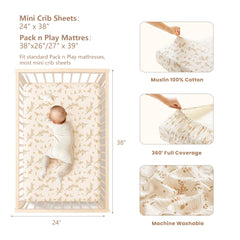 Konssy Muslin Mini Crib Sheets 38x24 fit on pack n play mattress for secure sleep