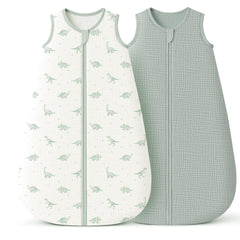 Konssy sleep sack green dino, front view, breathable double-layer warmth for naps