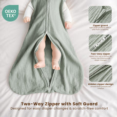 Konssy sleep sack two-way zipper closeup, guard protects delicate skin