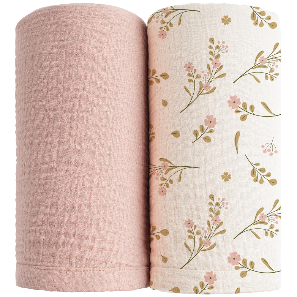 Konssy muslin swaddle pink floral 47x47 inches, soft and breathable for newborn comfort.