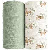 Konssy Muslin Swaddle Woodland Sage blanket 47x47 shows breathable cotton for gentle snuggling.