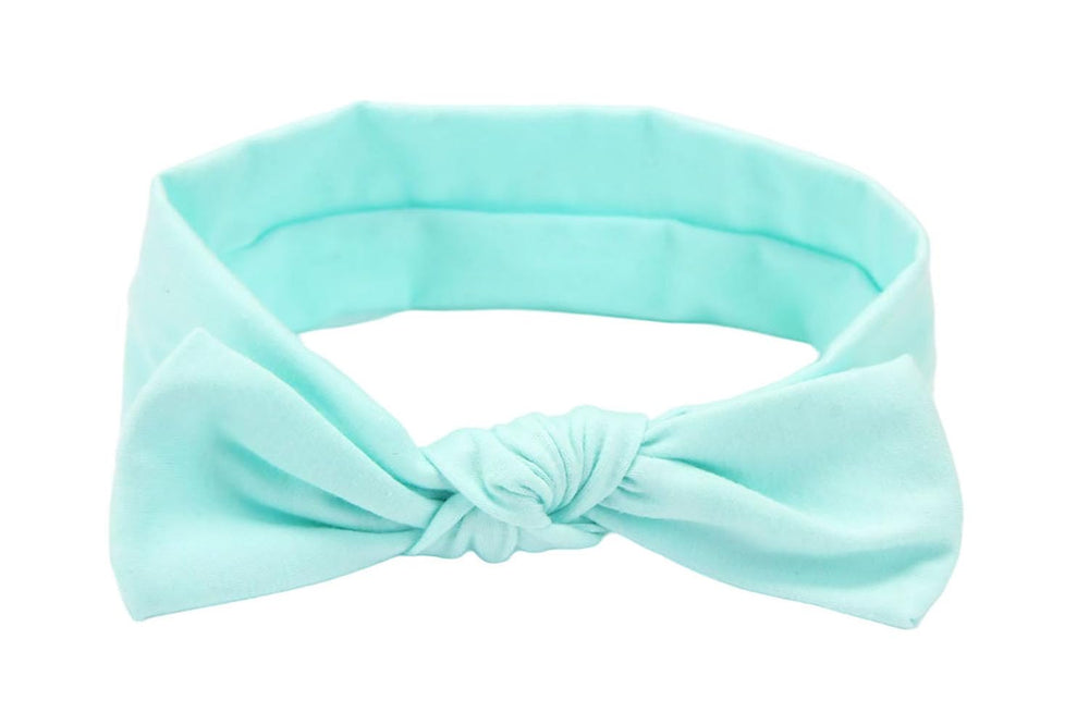 Koolgil baby headband mint green closeup with a soft bow for photo moments