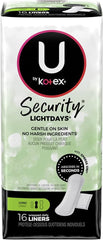 Kotex Natural Balance liner packaging side view highlighting long length and value.