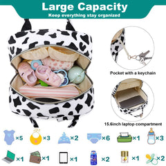 Kouxunt cow print diaper bag insulated bottle pockets for travel feeding.