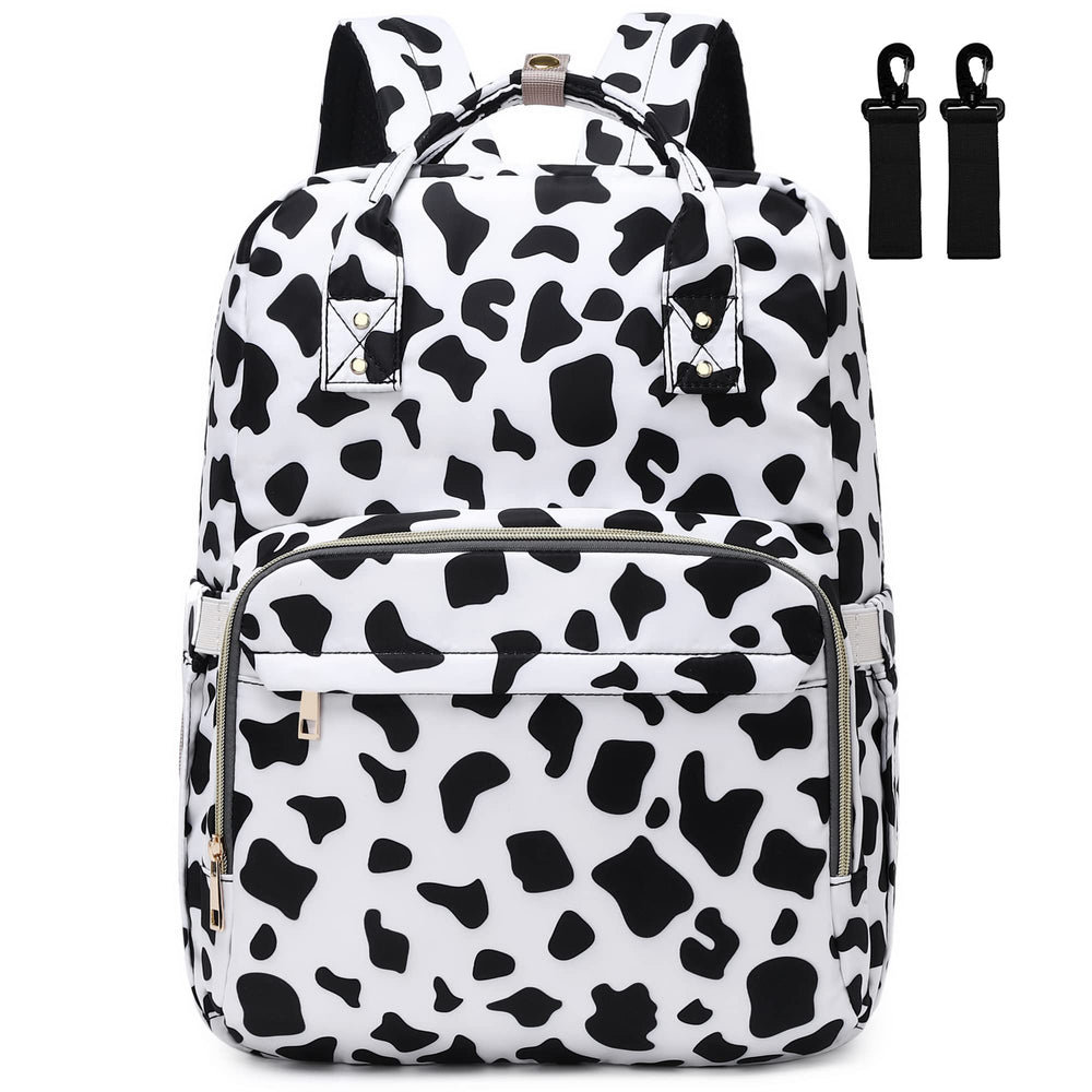 Kouxunt cow print diaper bag backpack with spacious main compartment.