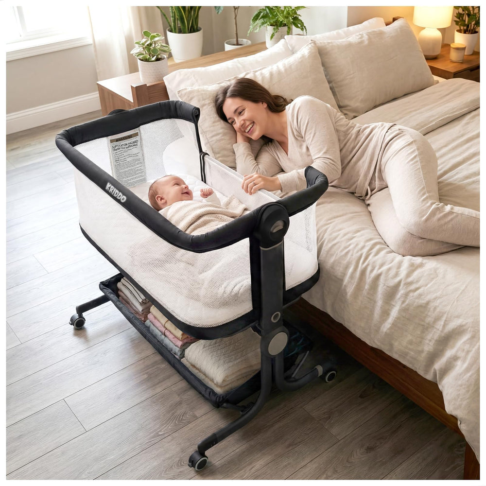 KRIDDO 2-in-1 baby bassinet with breathable mesh at bedside for better airflow