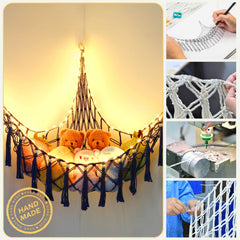 Krislait corner-storage-hammock saves floor space in a kids' room.