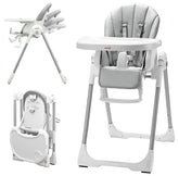 KUB 3-in-1 foldable high chair in grey, compact folded form for storage.