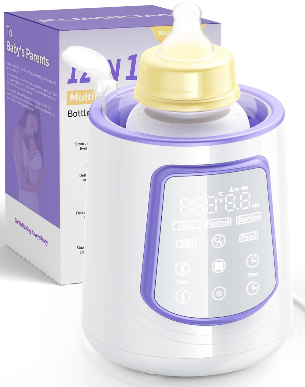 KUMIKIMI 12-in-1 warmer front view for quick, convenient baby bottle warming.