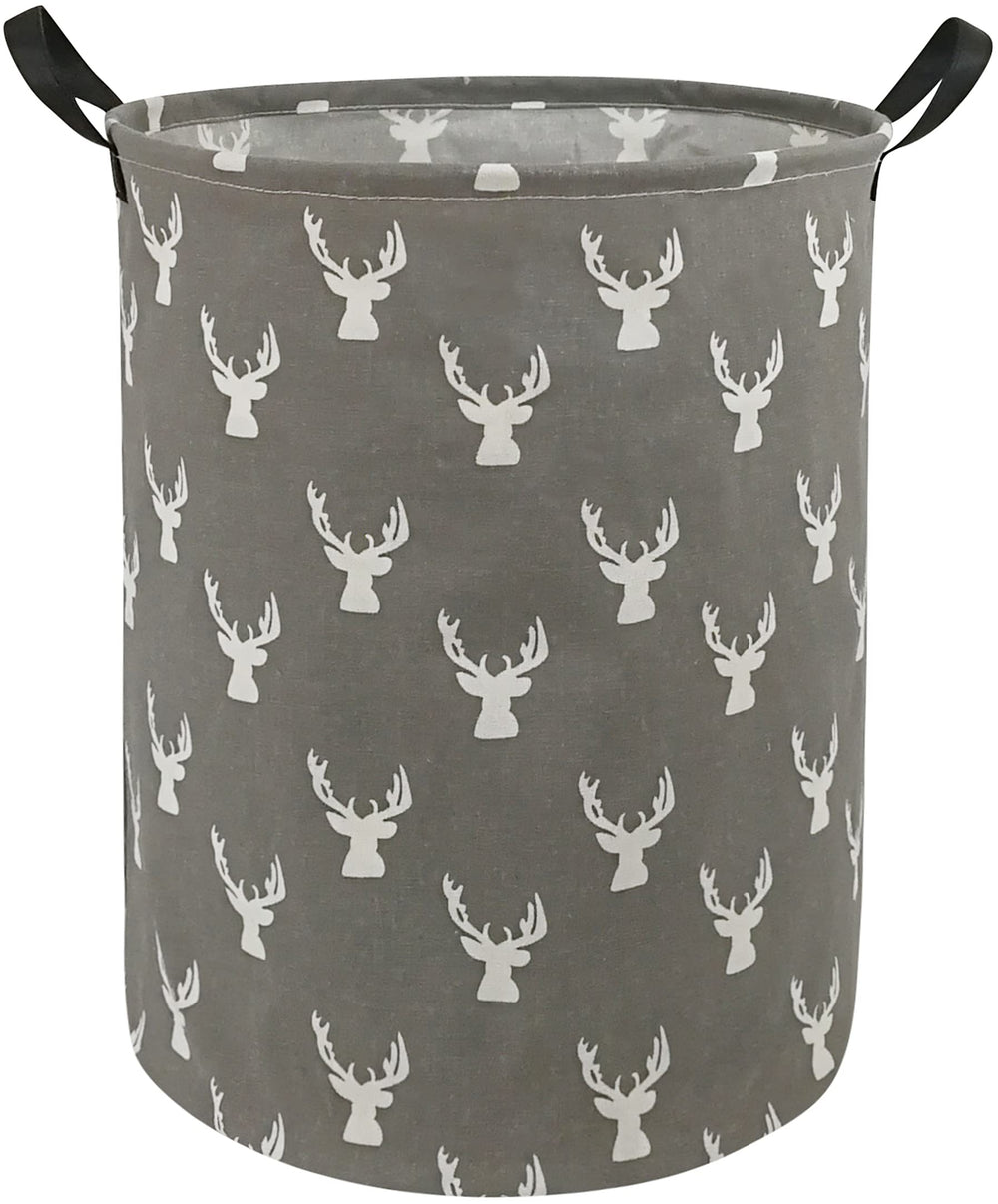 KUNRO round laundry basket with grey deer design for stylish dirty clothes storage