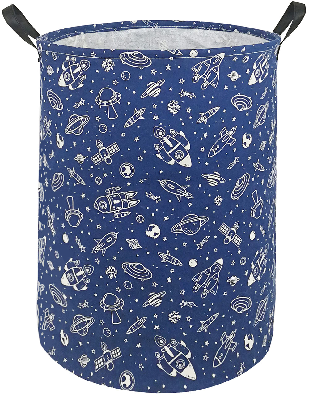KUNRO round laundry gift basket navy spaceship front view with sturdy handles for easy transport