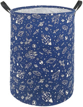 KUNRO round laundry gift basket navy spaceship front view with sturdy handles for easy transport