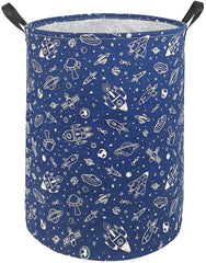 KUNRO round laundry gift basket navy spaceship front view with sturdy handles for easy transport