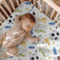 KuphiL10C watercolor soccer balls pattern crib sheet closeup showing soft fabric