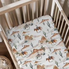 KuphiL10C Western watercolor cactus mountain horses crib sheet for a cozy nursery