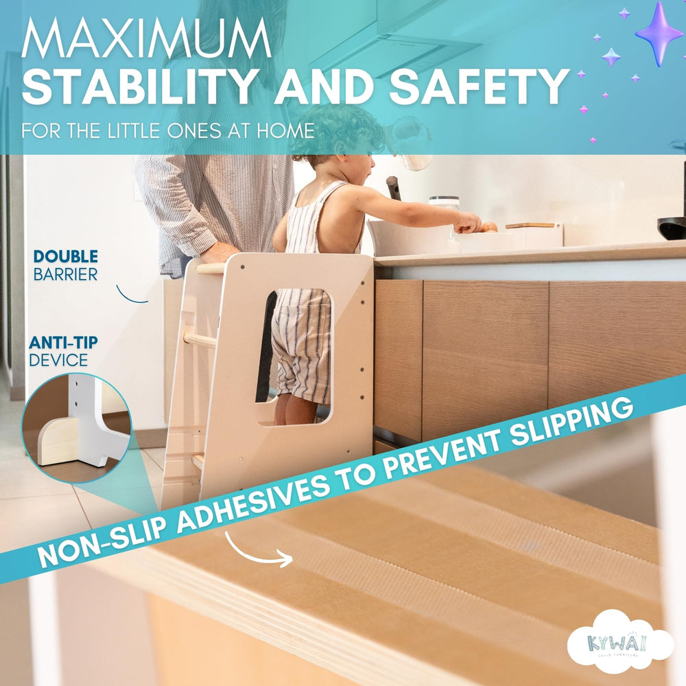 KYWAI Toddler Kitchen Stool Helper safety rails close-up showing secure support.