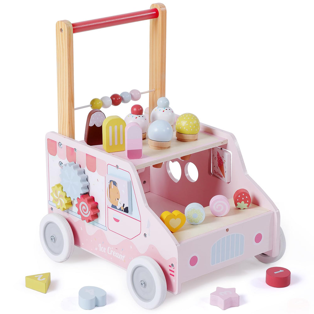 Labebe wooden baby walker ice cream cart enhances balance and imaginative play.