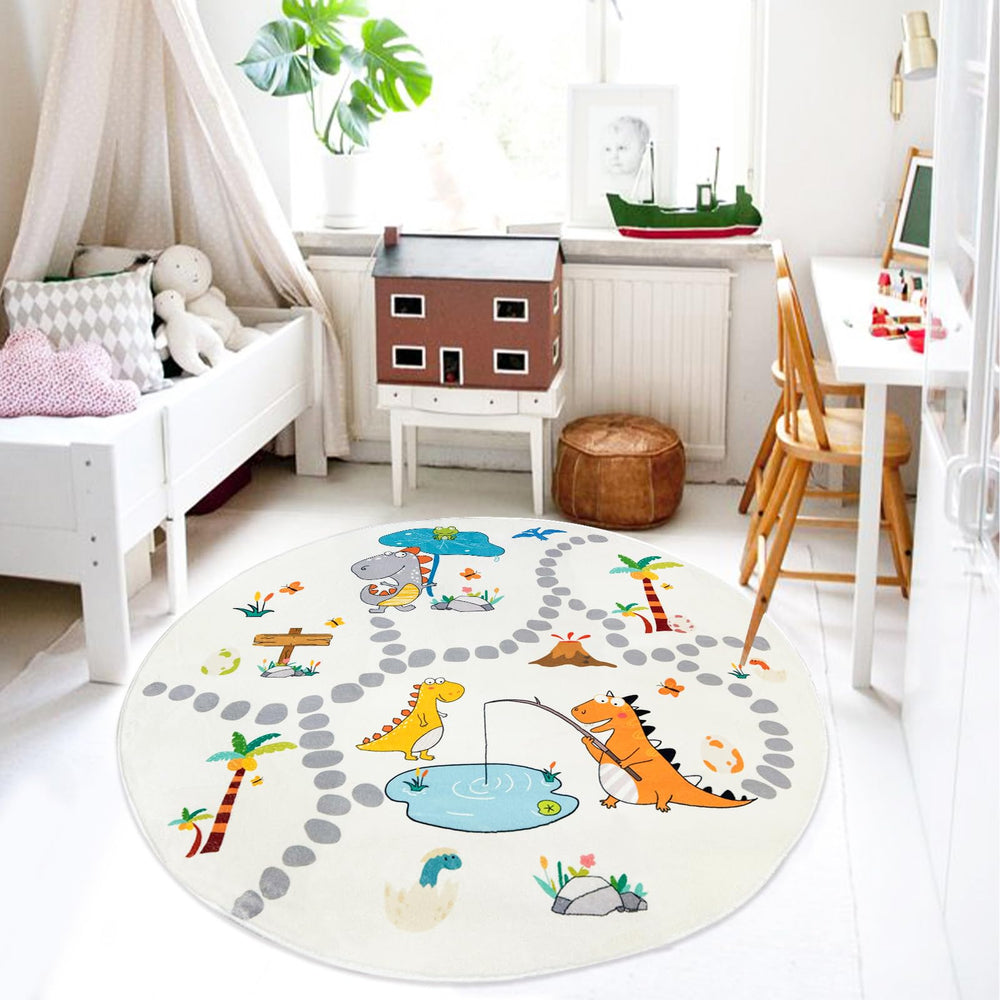 Lacomfy dinosaur rug 4ft circle with ultra-soft, skin-friendly pile for kids.