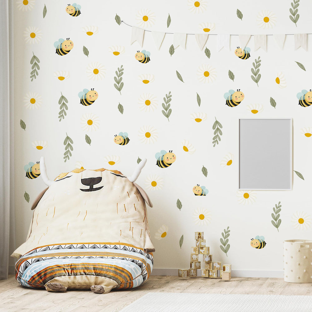 Ladinimo daisy-bee wall decal set for nurseries adds playful color to walls