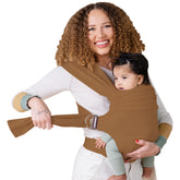 Lalabu Simple Wrap camel worn on caregiver's shoulder for comfortable daily use.