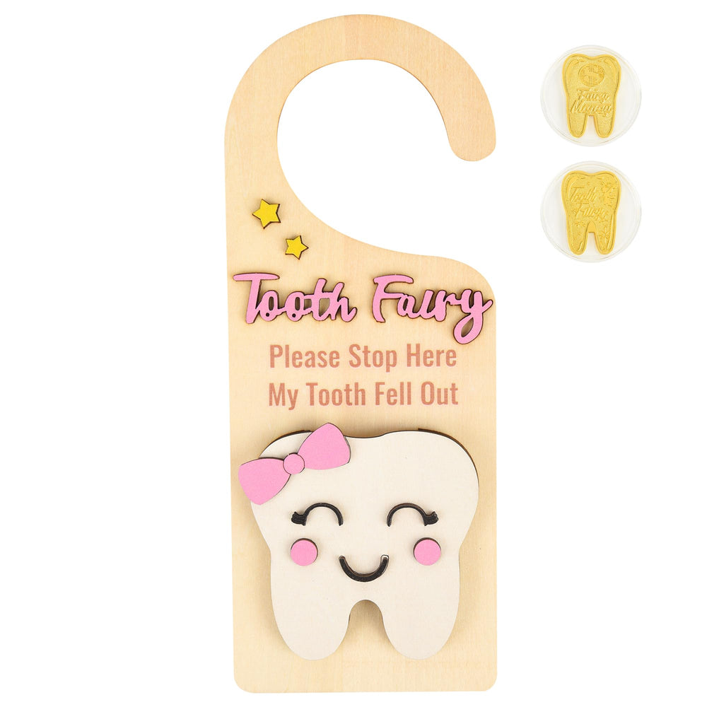LALADUCK tooth fairy door hanger pink on a doorknob supports nightly tooth care rituals