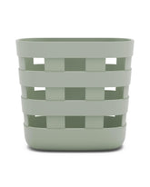 Lalo Bath Time Storage Bin in sage with closed setup for neat bathroom organization.