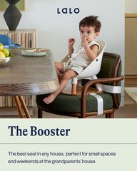Lalo booster seat blueberry attached to dining chair for easy at-table feeding