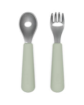 Lalo toddler fork and spoon in sage, ergonomic design for growing hands during meals