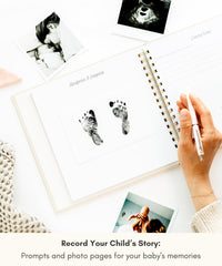 Lamare Baby First Year Book handprint pocket for tiny keepsakes.
