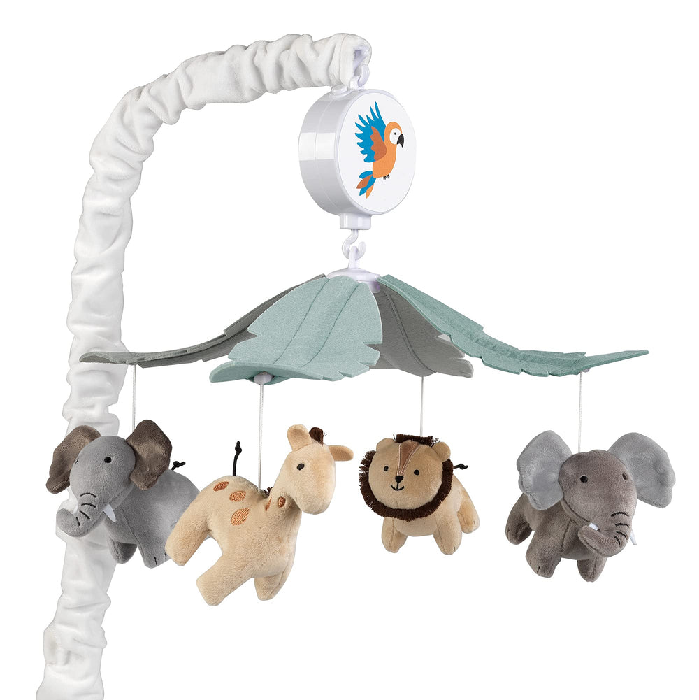 Lambs & Ivy Jungle Friends mobile with rotating forest animals for visual engagement.