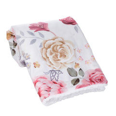 Lambs & Ivy Secret Garden blanket features vibrant floral design with garden elements.