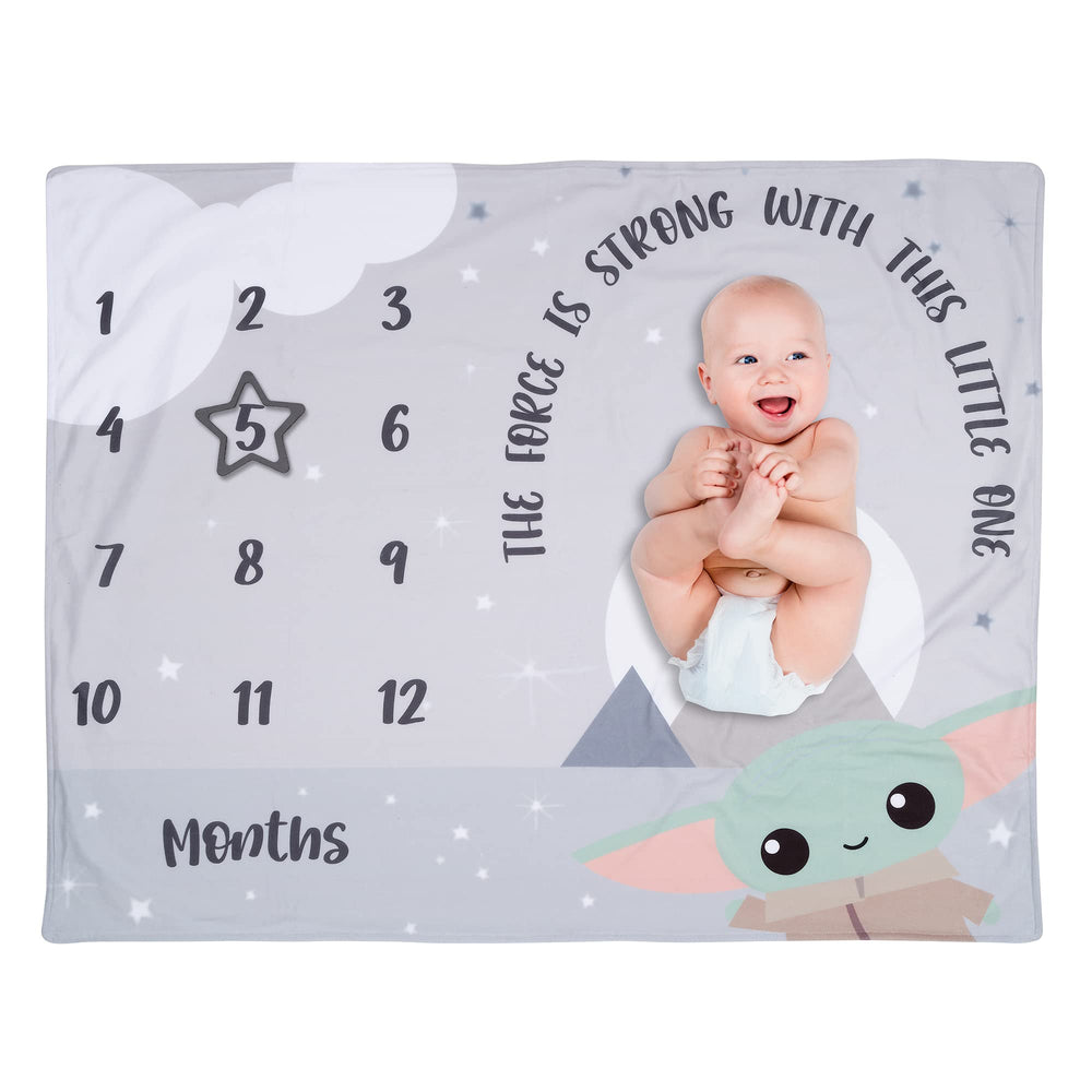 Lambs & Ivy Star Wars milestone blanket front with Grogu and photo-ready space