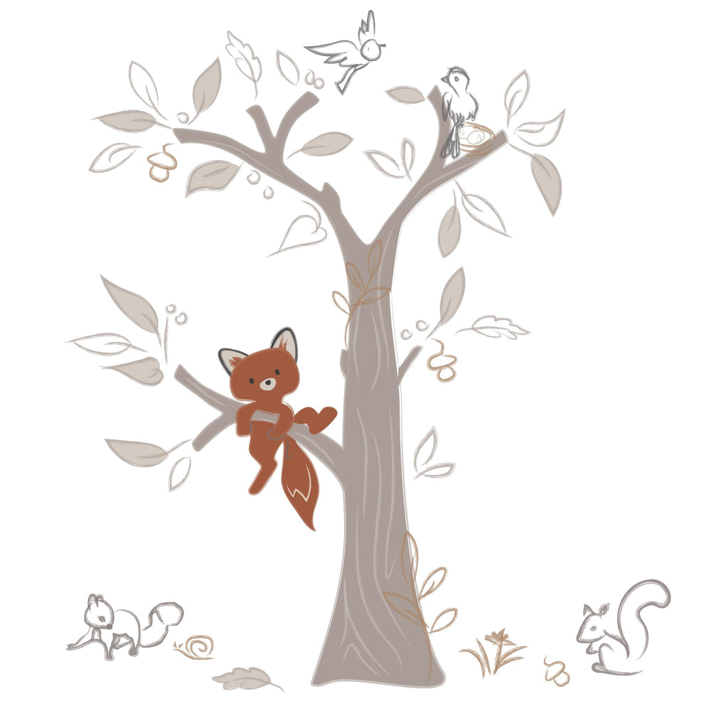 Lambs and Ivy Treetop Fox beige tree wall decal creates a cozy woodland scene.