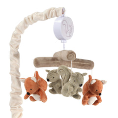 Lambs & Ivy Treetop mobile overview with fox and squirrel visuals to calm baby.