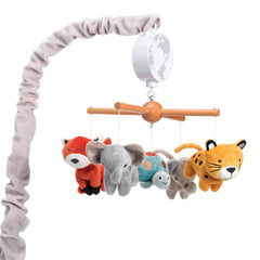 Lambs & Ivy Wild Life mobile over crib; soothing lullabies for bedtime.