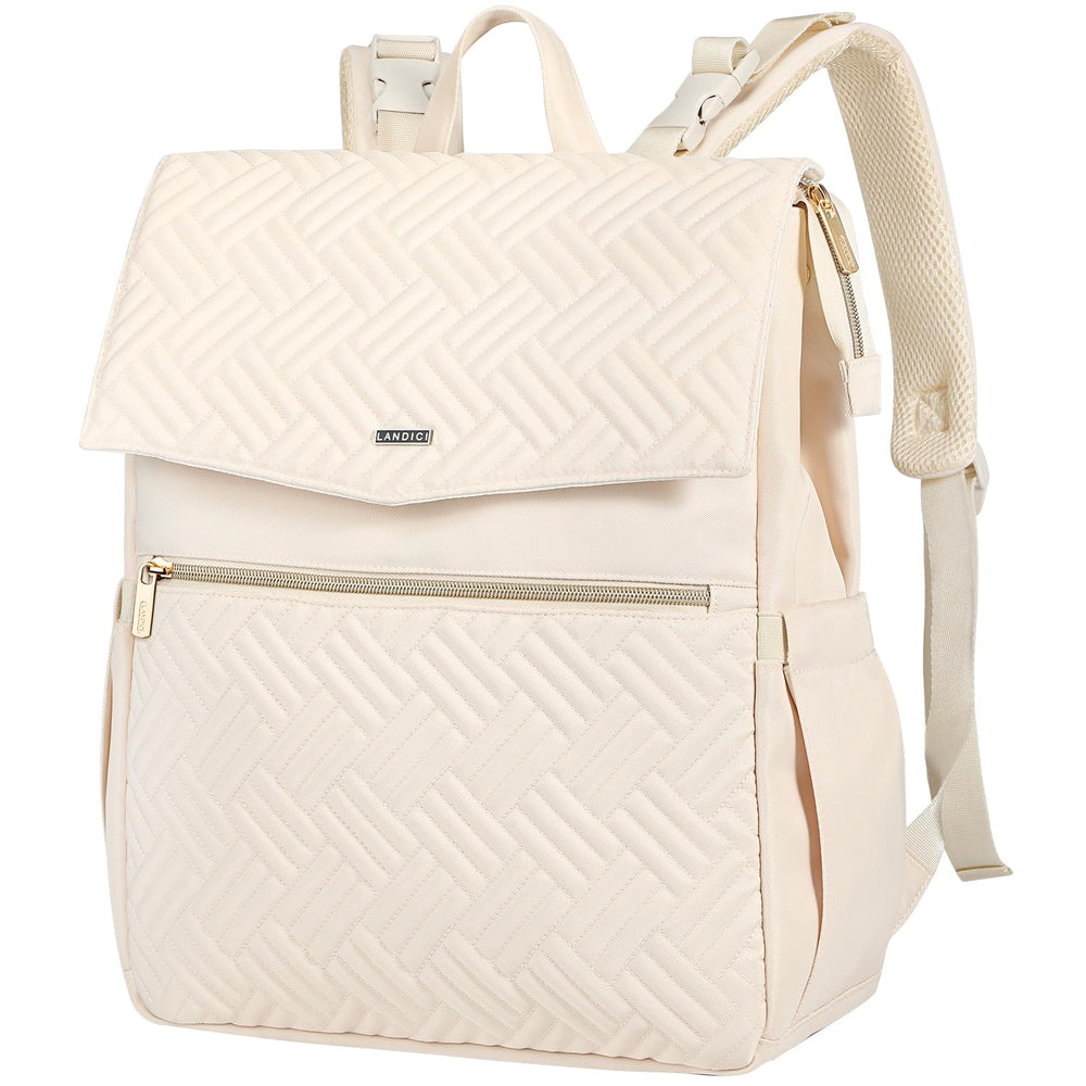 LANDICI diaper bag backpack apricot exterior highlights spacious pockets for on-the-go parenting.
