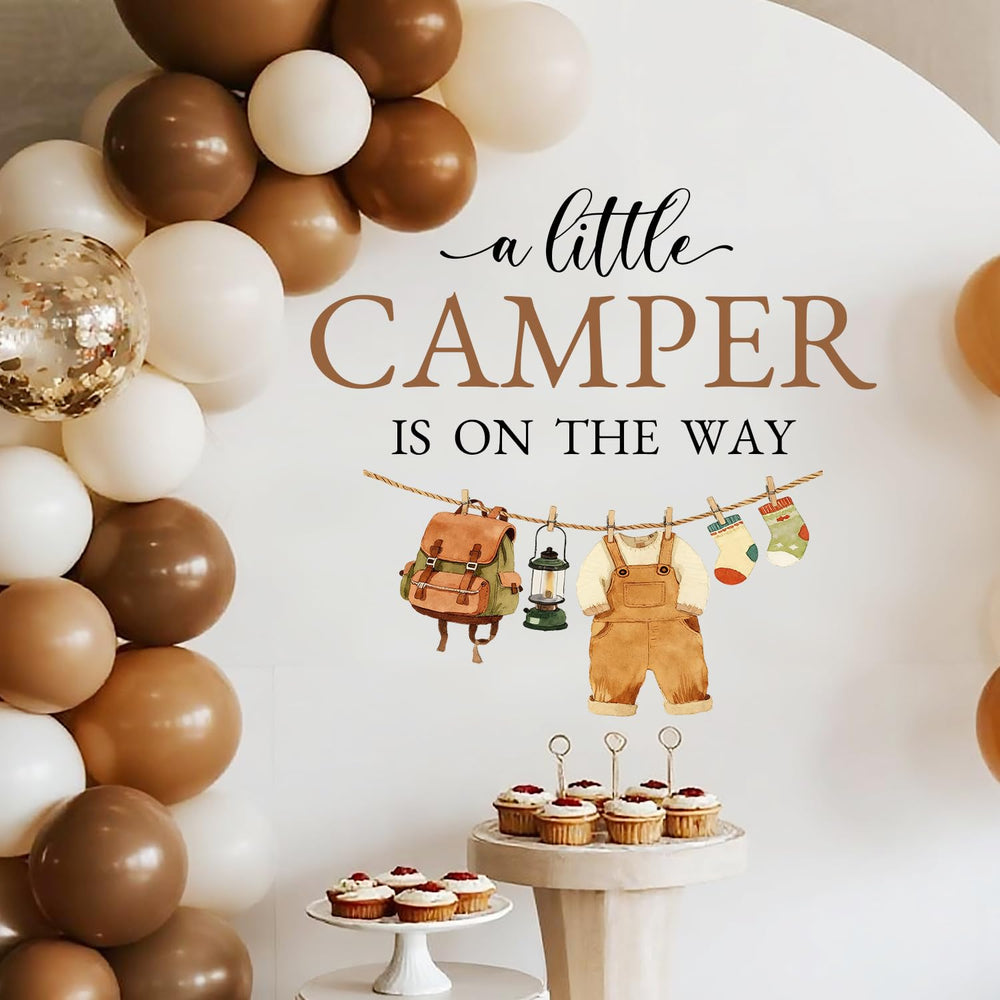 LANKBACK A Little Camper Is On The Way decal used as a baby shower backdrop.