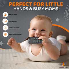 LaNoah Toys baby cellphone teether in use demonstrates drool-friendly, soothing bite for restless gums