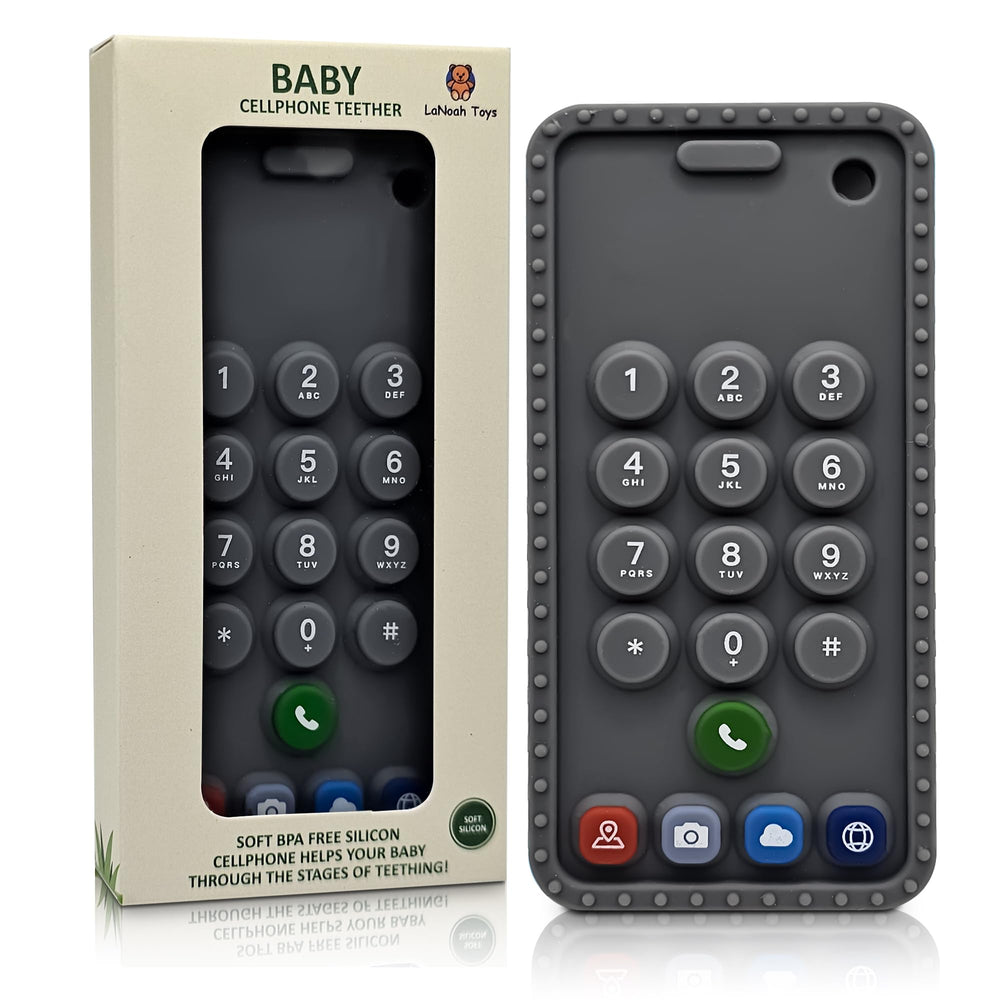 LaNoah Toys baby cellphone teether packaging closeup showing safe, ready-to-use relief for teething