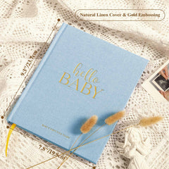 Lanpn Hello Baby memory book linen cover, elegant design for treasured newborn memories.
